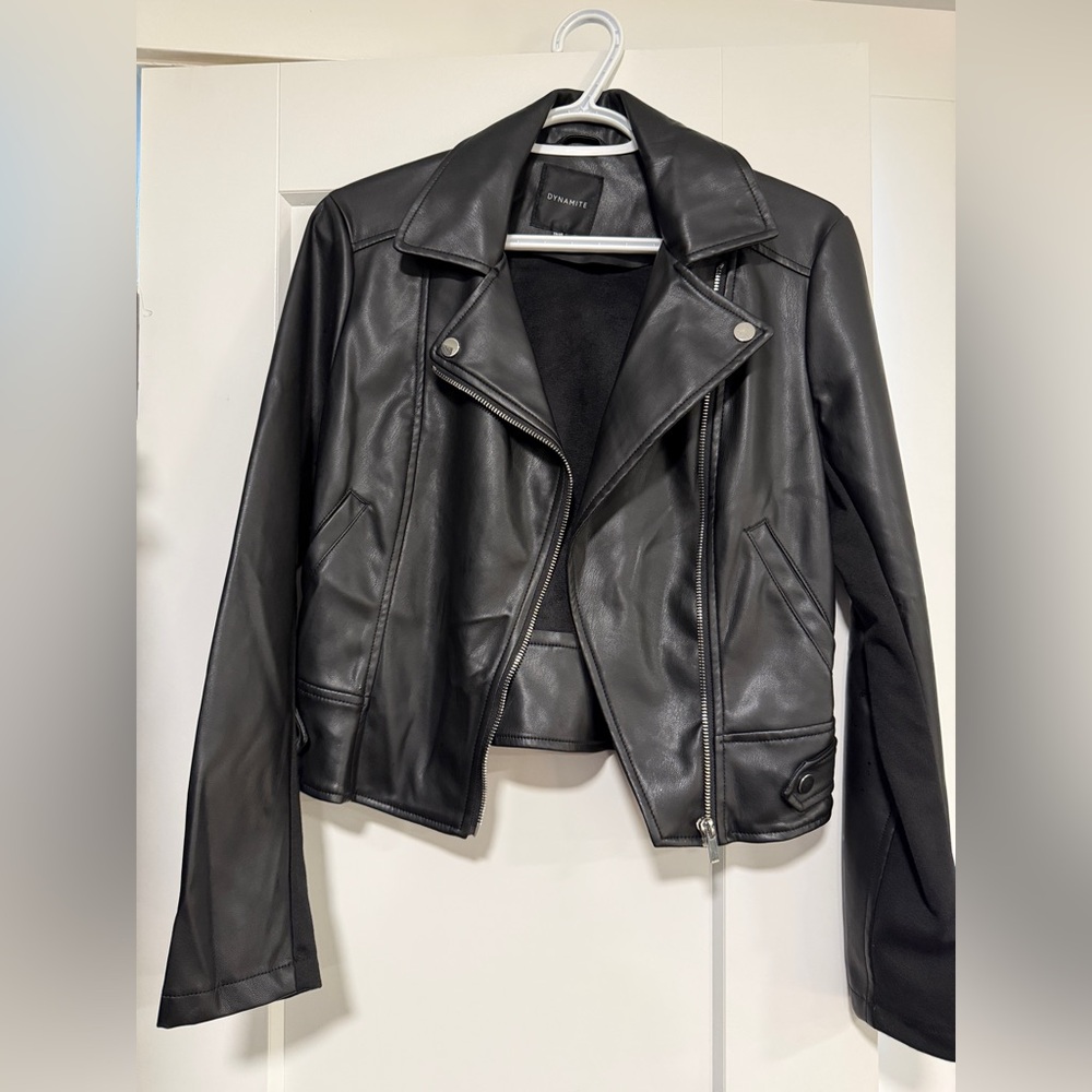 Faux Leather Moto Jacket — Mixed Media Sleeves